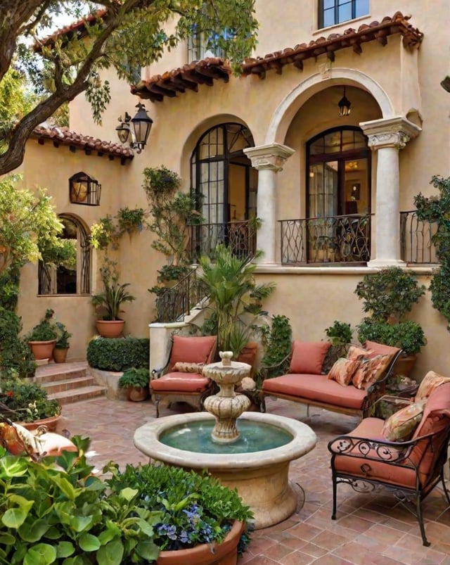 A house exterior with a fountain, potted plants, and a patio area. The patio has a bench and a chair.