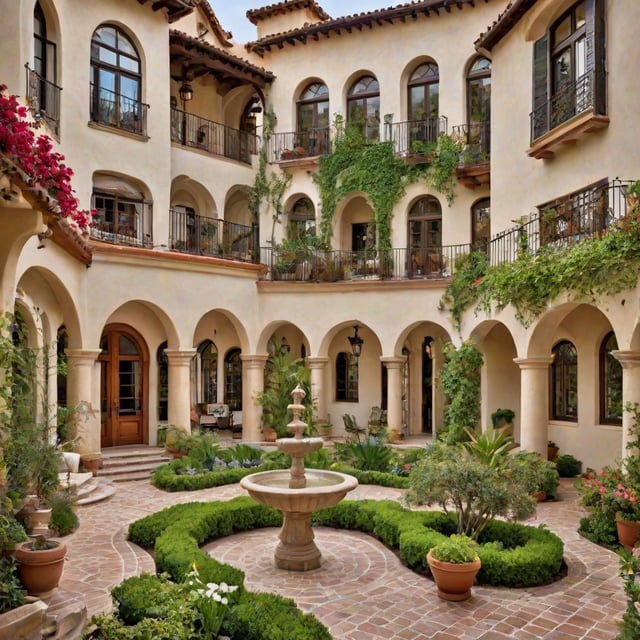 A Spanish-style house with a lush garden and a fountain in the courtyard. The house is adorned with greenery and flowers, and the garden features a variety of potted plants and vases.