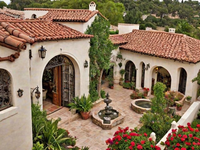 A Spanish style house with a courtyard and garden, featuring a fountain and pond. The house is surrounded by lush greenery and flowers, with potted plants and vases adorning the courtyard.