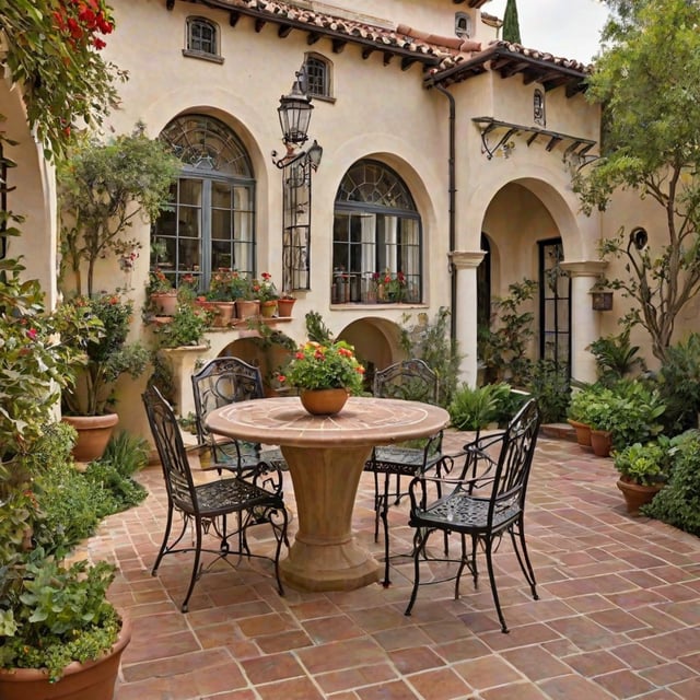 Outdoor patio with round table, chairs, and potted plants in front of a white house with a red roof.