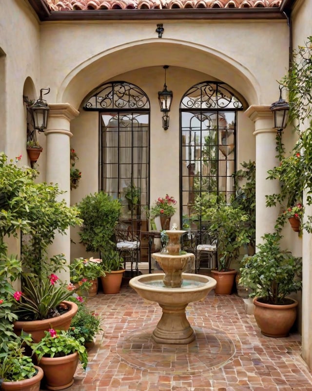 A courtyard with a fountain, potted plants, and chairs. The area is surrounded by a white wall and has a vine-covered archway.