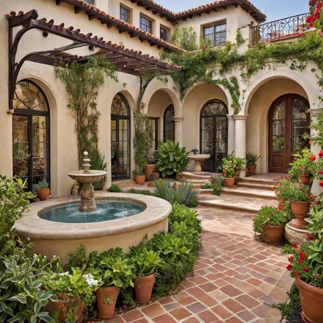 A beautiful Spanish style house with a fountain, pond, and potted plants in a lush garden.