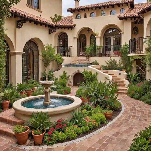 A Spanish style house with a fountain and a garden. The garden is filled with potted plants and flowers.