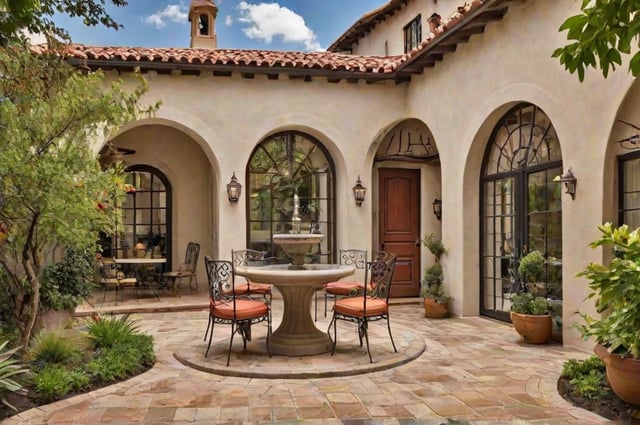 Outdoor patio with a round table and chairs, Spanish-style house with red tile roof, and a fountain in the center.