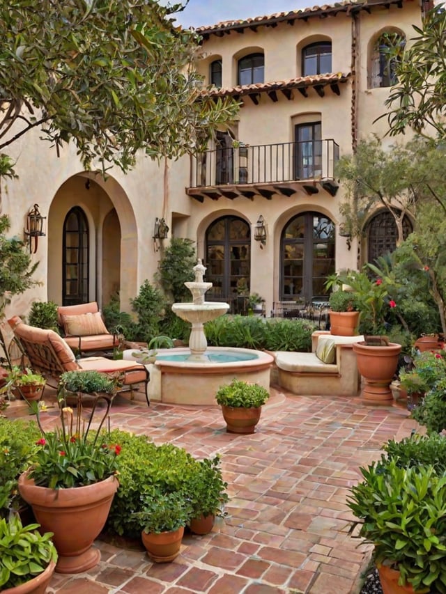 A house with a fountain in the middle of a patio. The patio is surrounded by potted plants and chairs.