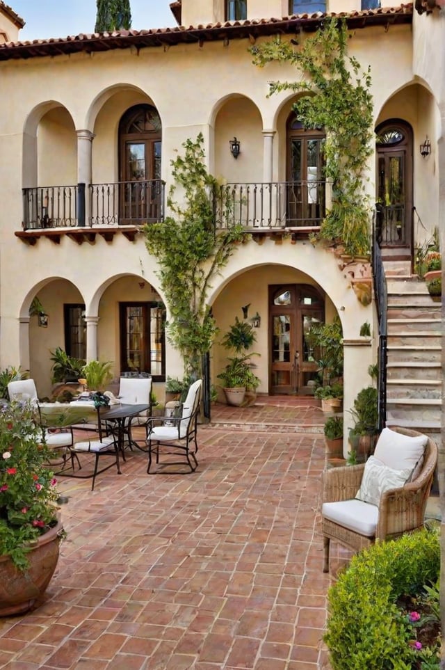 A Spanish style house with a brick patio and staircase, adorned with potted plants and chairs.