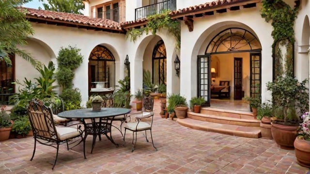 A patio with a black wrought iron table and chairs, potted plants, and vases in front of a white house with arched doorways and windows.