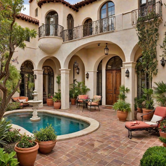 A Spanish style house with a swimming pool in the center of the courtyard, surrounded by potted plants.