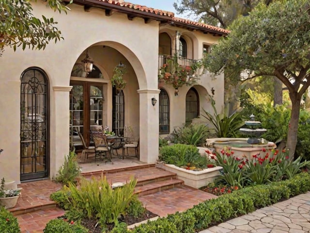 A Spanish style house with a brick patio, chairs, dining table, and a fountain in the front yard.