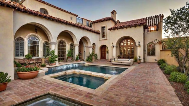 A Spanish style house with a pool and a fountain in the backyard.