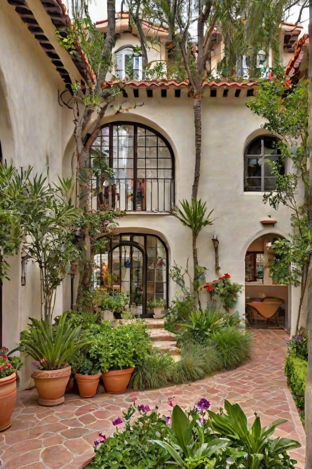 A house with a brick patio and many potted plants and flowers.