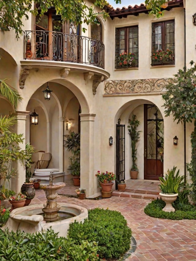 A Spanish style house with a fountain and garden. The garden is filled with potted plants and flowers.