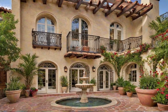 A house with a fountain and balcony in the courtyard