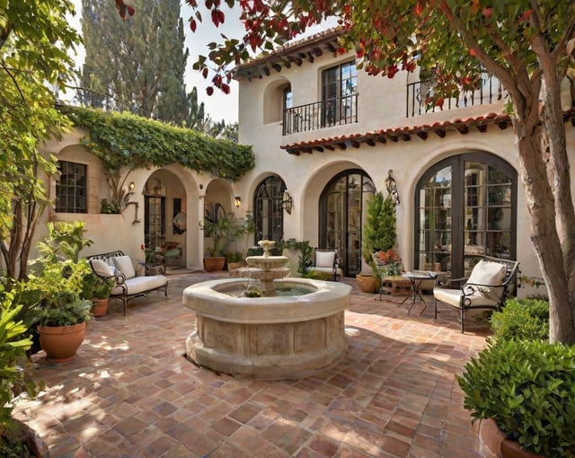 A Spanish style house with a fountain in the center of the courtyard. The house is surrounded by potted plants and chairs.