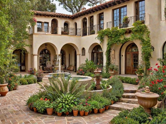 A Spanish style house with a large courtyard and garden, featuring a fountain in the center and a variety of potted plants and flowers.