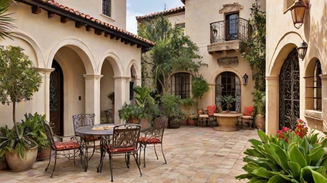 Outdoor patio with a dining table and chairs, surrounded by potted plants in a Spanish-style house.