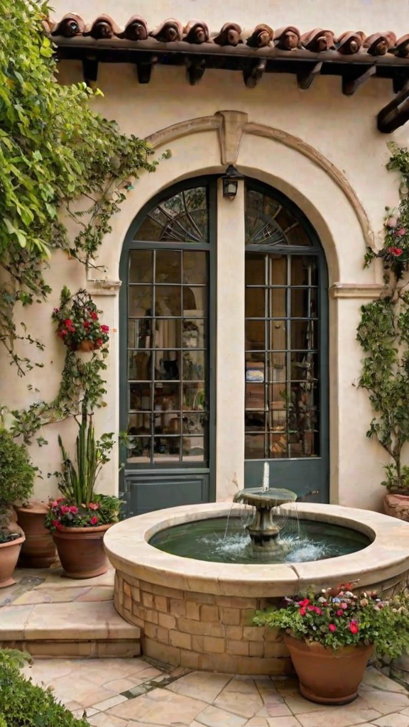 A house exterior with a fountain and potted plants in front of a doorway. The doorway is arched and features a window above it.