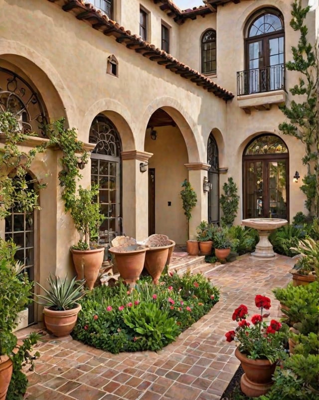 A house with a Spanish design style, featuring a courtyard with a fountain and a variety of potted plants. The house has a large patio with a staircase leading to the entrance, and a balcony on the second floor.