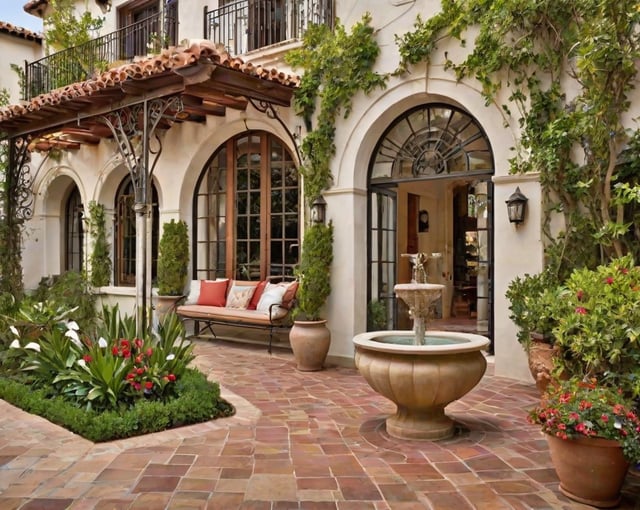 A Spanish style house with a red tile roof, white stucco walls, and a fountain in front of the door.