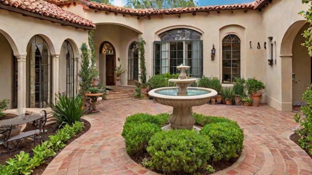 A beautiful house exterior with a fountain in the middle of the garden. The house has a Spanish style design and is surrounded by greenery and potted plants.