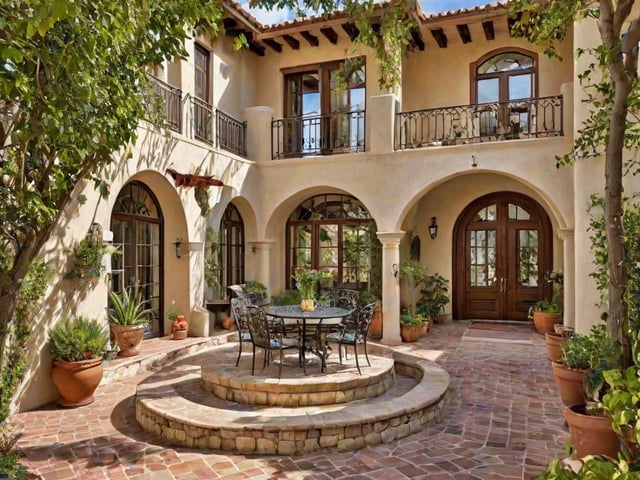 A Spanish style house with a round table and chairs on the patio