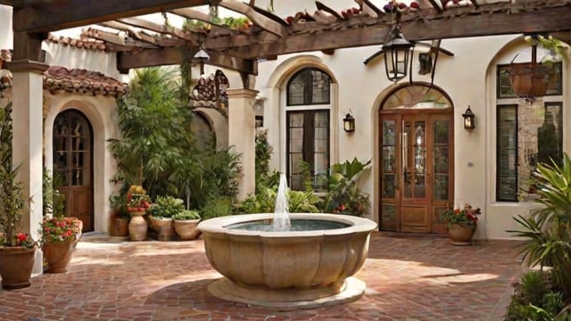 A circular fountain surrounded by potted plants and a fence in a house courtyard