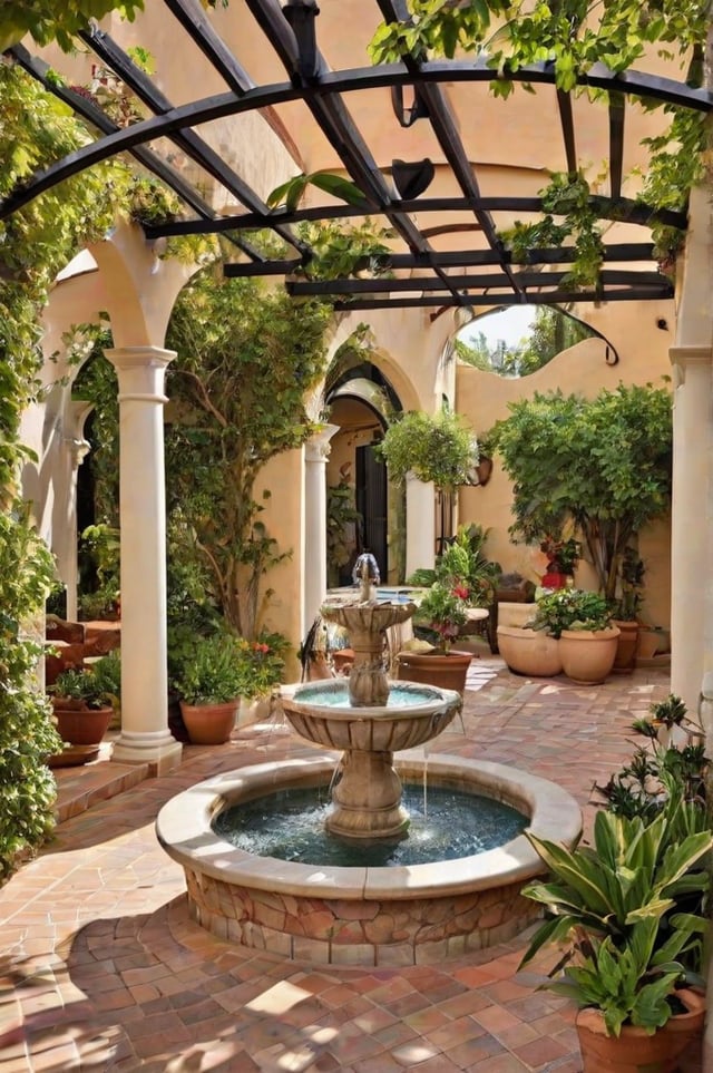 A garden with a fountain in the middle. The fountain is surrounded by potted plants and flowers.