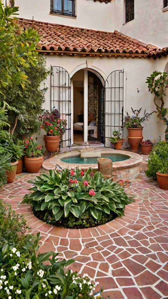 A beautifully designed outdoor space with a fountain, potted plants, and a doorway. The area is surrounded by a variety of potted plants, including a large plant in the center of the space. The doorway is adorned with a vine-covered archway, adding a touch of elegance to the scene.