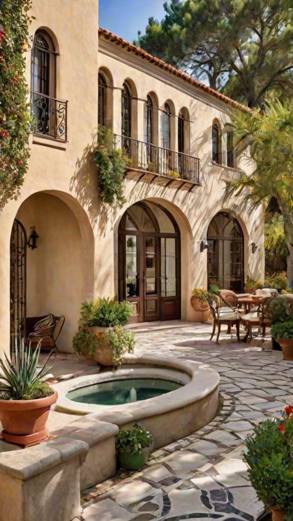 A Spanish style house with a courtyard and a fountain, surrounded by potted plants and chairs.