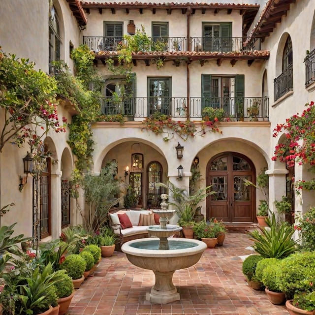 A Spanish style house with a fountain in the center, surrounded by potted plants and flowers. The house has a large balcony with a wrought iron railing.