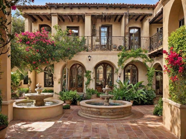 A Spanish style house with a large courtyard and a fountain. The house is surrounded by plants and flowers, creating a serene and picturesque atmosphere.