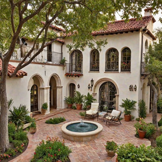 A Spanish style house with a fountain in the courtyard