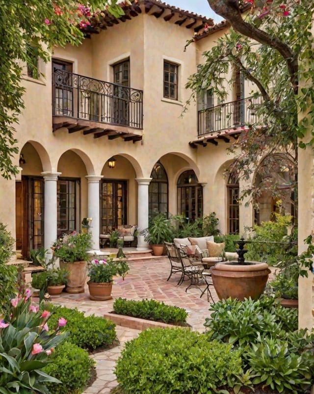 A Spanish style home with a lush garden and patio. The patio is adorned with a fountain and features a variety of potted plants and chairs.