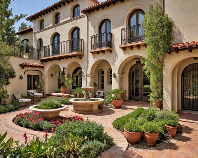 A Spanish-style house with a lush garden and a fountain in the center. The house is surrounded by many potted plants and greenery.