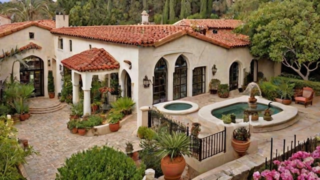 A Spanish style house with a pool in the backyard. The house is surrounded by many potted plants and flowers.