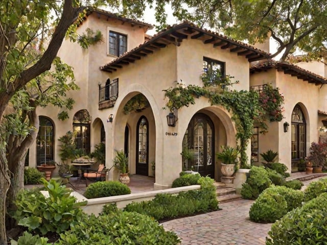 A Spanish style house with a red tile roof and greenery.