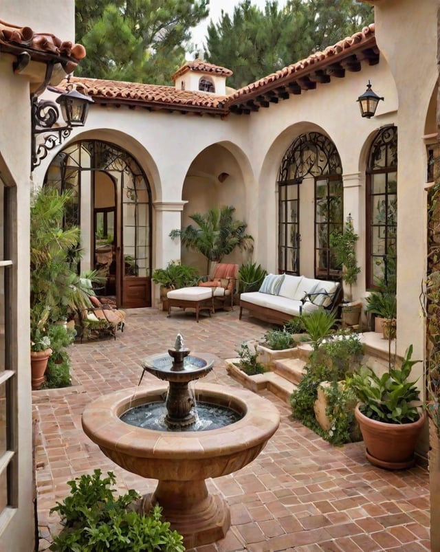 A Spanish-style house with a fountain in the middle, surrounded by potted plants and chairs.