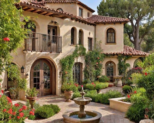 A Spanish style house with a fountain in the front yard.