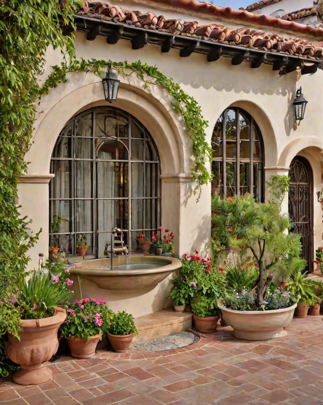 A house with a Spanish style design and a fountain in the front yard. The house is surrounded by a variety of potted plants.