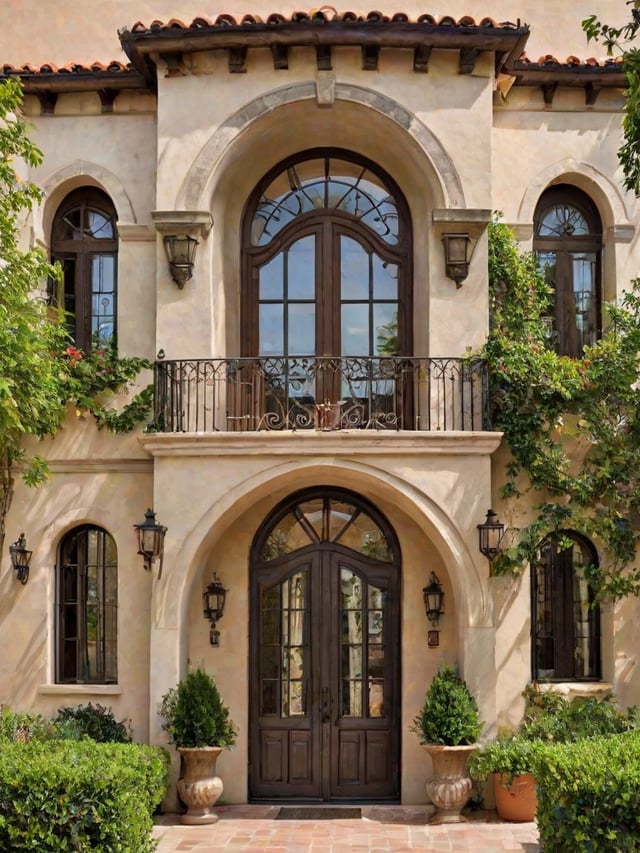 A Spanish style house with a large archway and balcony. The doorway is adorned with a clock and features a glass window above it.