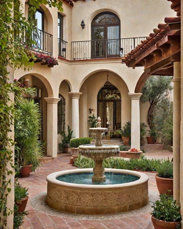 A Spanish style house with a fountain in the middle of a circular driveway. The house is surrounded by potted plants and flowers.