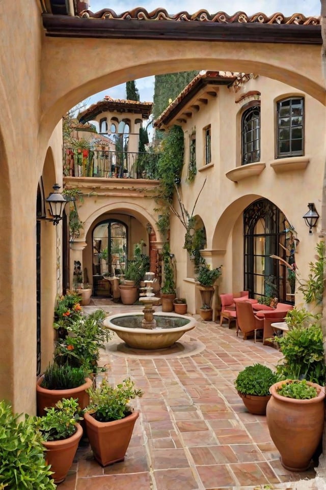 A beautiful house exterior with a courtyard, fountain, and potted plants. The balcony and patio are furnished with chairs and a dining table.