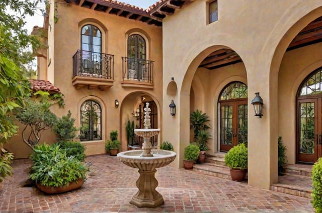 A Spanish style house with a fountain in the center of the courtyard.