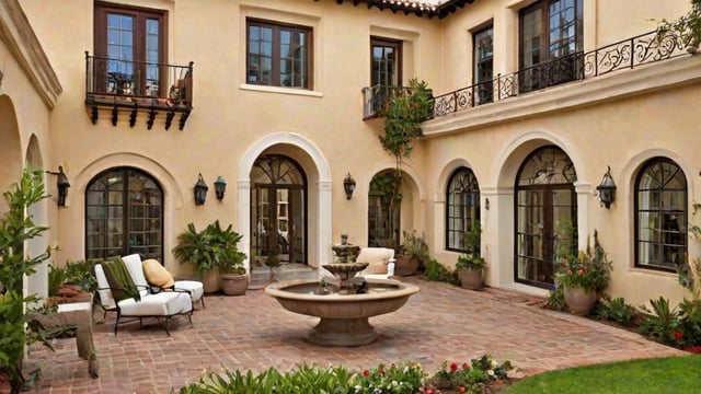 A Spanish style house with a fountain in the middle of a courtyard.