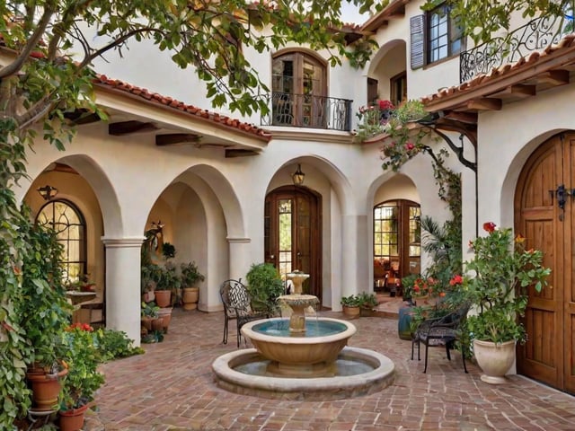 A house with a fountain in the middle of the courtyard. The house has a white exterior and is surrounded by potted plants and flowers.