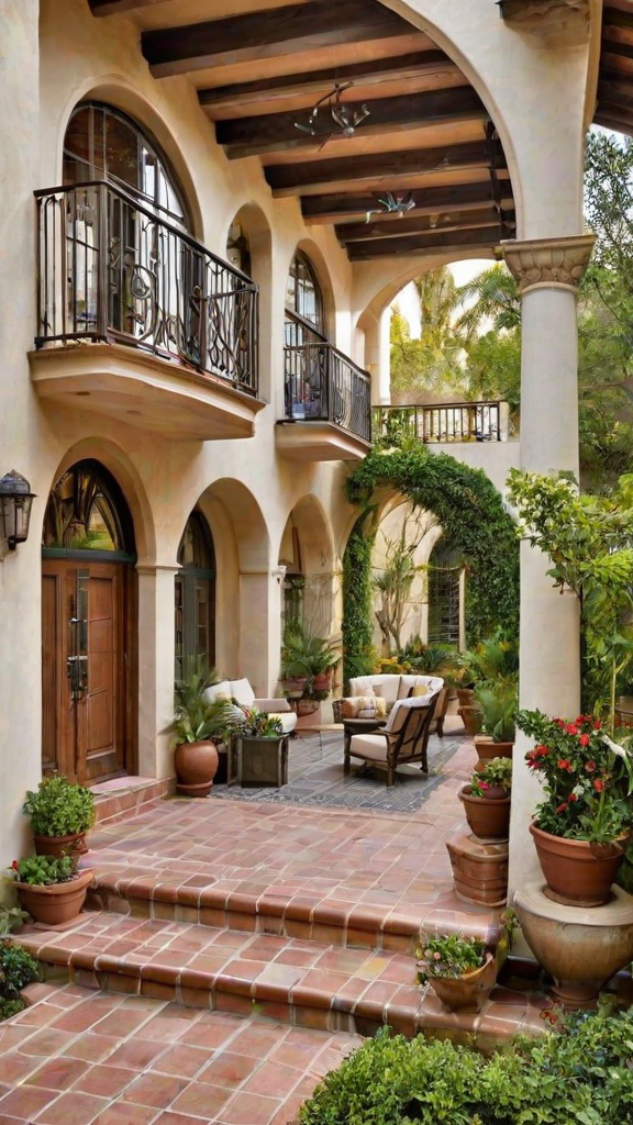 A Spanish style house exterior with a large patio featuring potted plants and chairs.