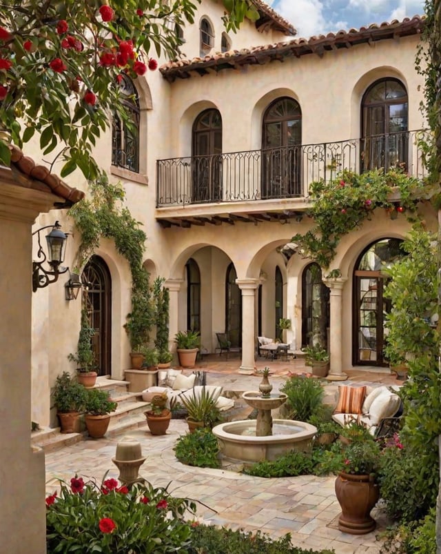 A Spanish style house with a water fountain and potted plants on the patio