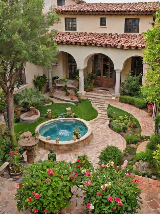 A house with a swimming pool, garden, and a fountain. The house has a Spanish style architecture with a red tile roof and a courtyard.