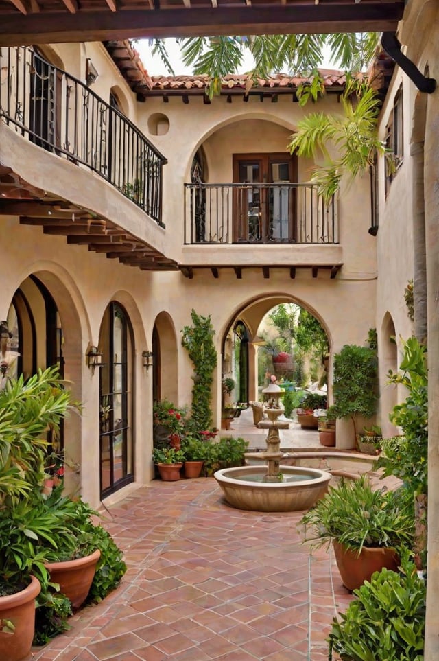 A Spanish style house with a courtyard and fountain. The courtyard is filled with potted plants and flowers.