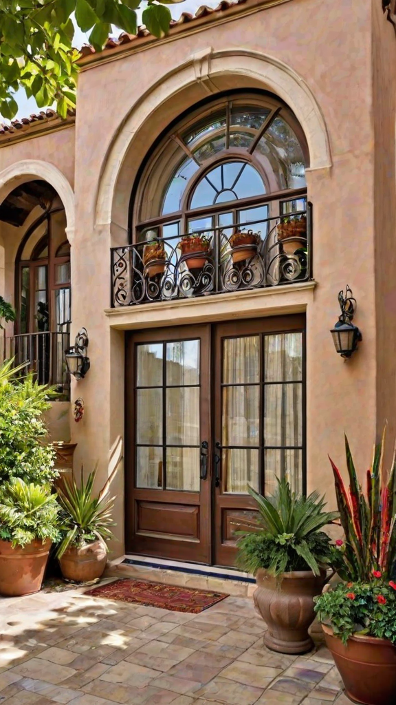 A Spanish style house exterior with a large door, stained glass window, and balcony decorated with potted plants.